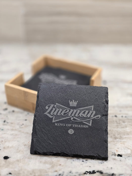 Engraved Lineman Slate Coaster Set with Wood Holder: King of Trades