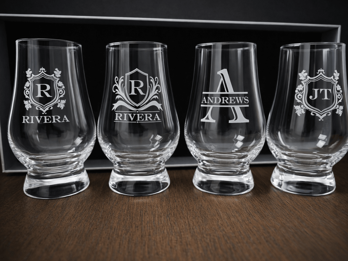 personalized glencairn style whiskey glass set engraved lead free crystal tasting glasses on dark background