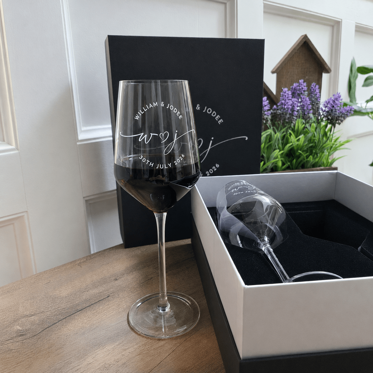 Personalized wedding wine glass gift set with engraved glasses and matching printed presentation box