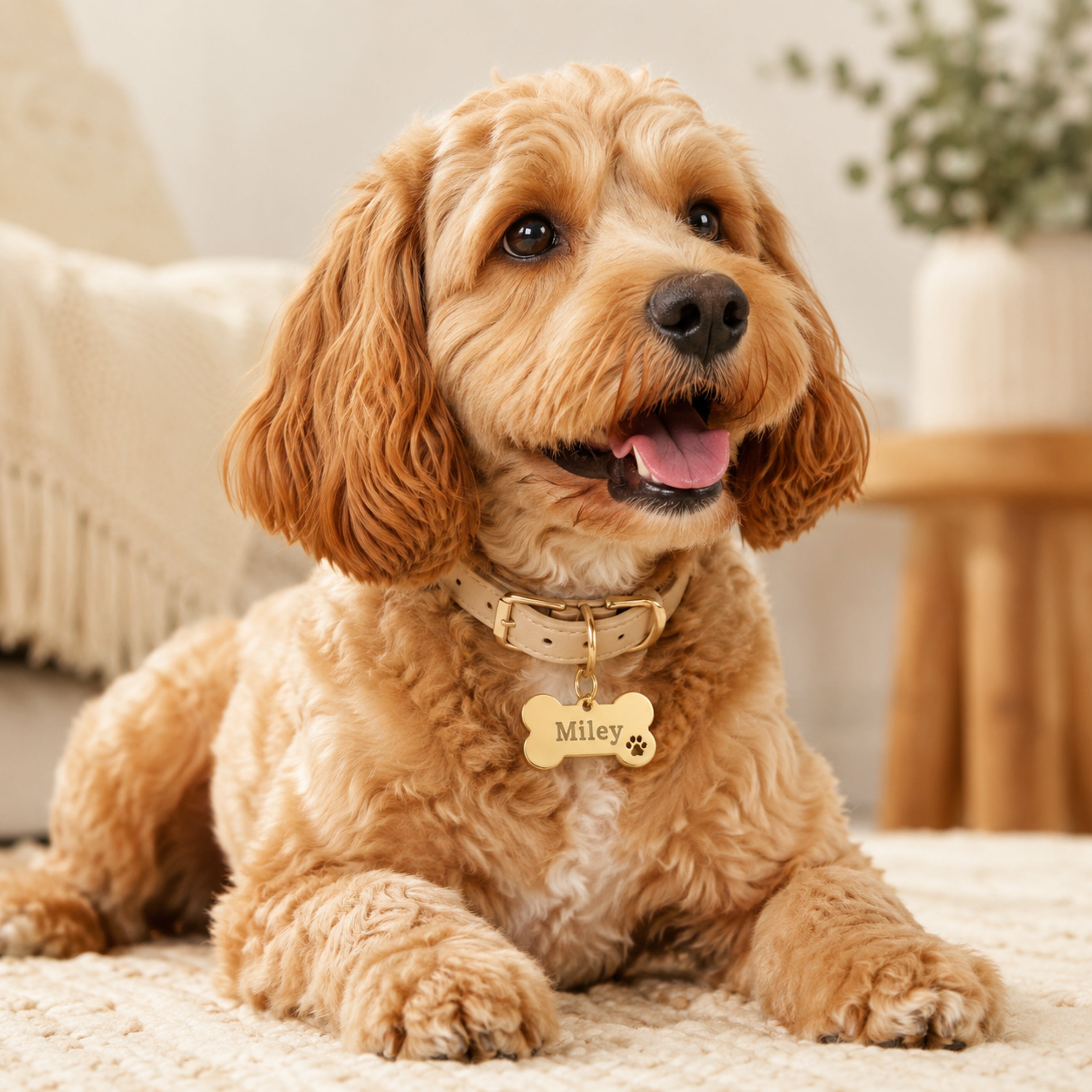 Dog wearing personalized stainless steel bone pet tag engraved with Miley
