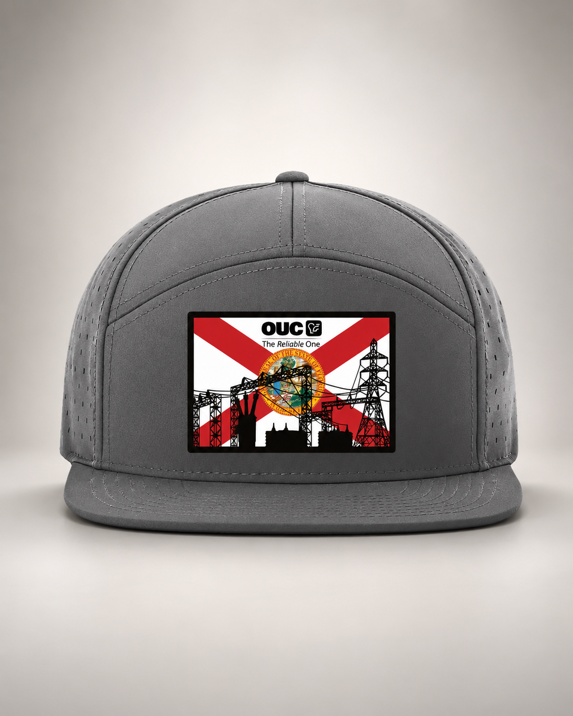 Custom leather patch hats including lineman substation patriotic and hunting cap designs