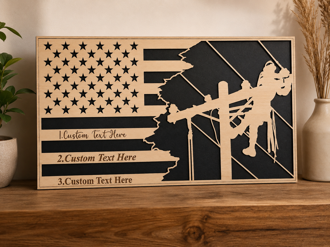 Personalized lineman retirement plaque with engraved flag design and custom recognition text
