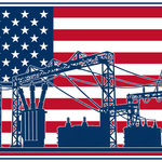 Panoramic 50-star American flag artwork with navy substation equipment