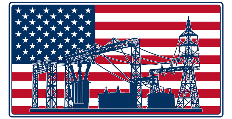 Panoramic 50-star American flag artwork with navy substation equipment