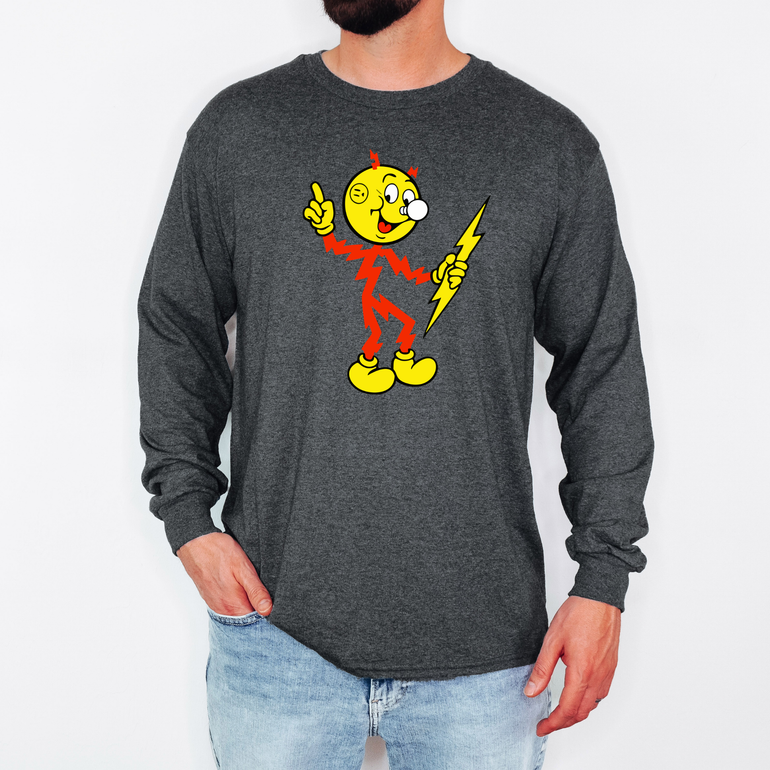 Reddy Kilowatt long sleeve shirt in dark heather on model