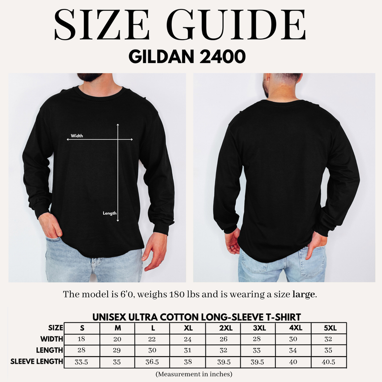 Gildan 2400 long sleeve shirt size guide