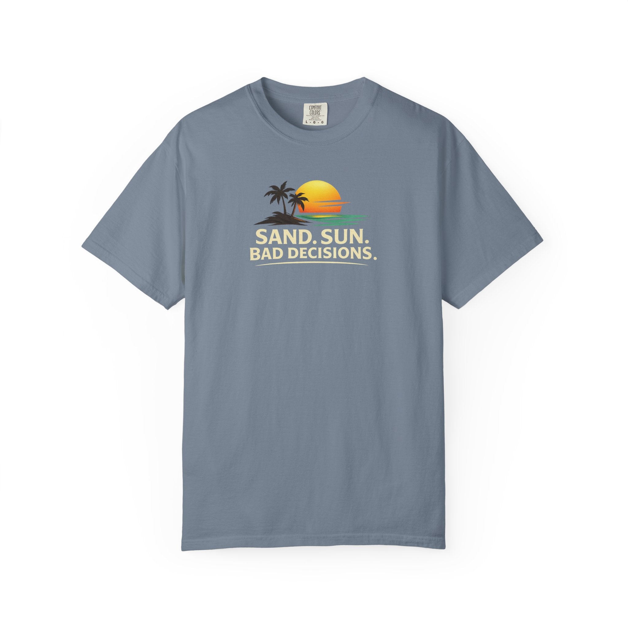 Funny Raccoon Beach Vacation Shirt – Sand Sun Bad Decisions Tee in Blue Jean shirt color