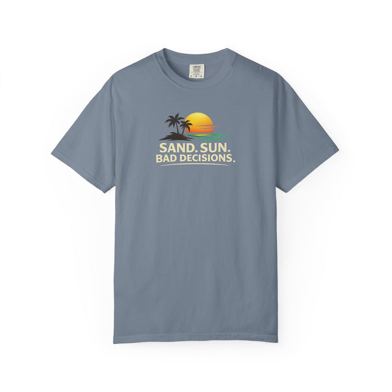 Funny Raccoon Beach Vacation Shirt – Sand Sun Bad Decisions Tee in Blue Jean shirt color