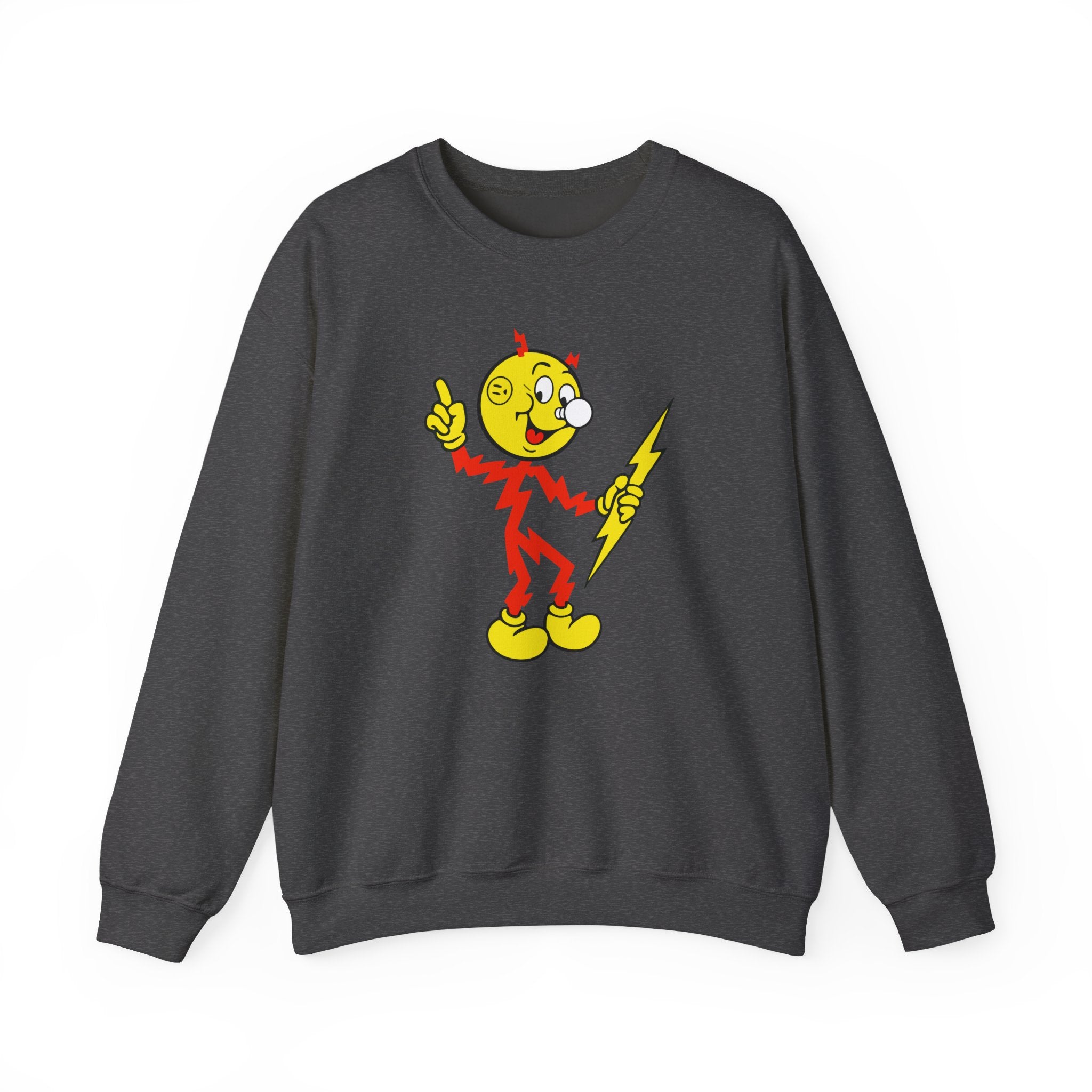 Dark heather Reddy Kilowatt crewneck sweatshirt front view