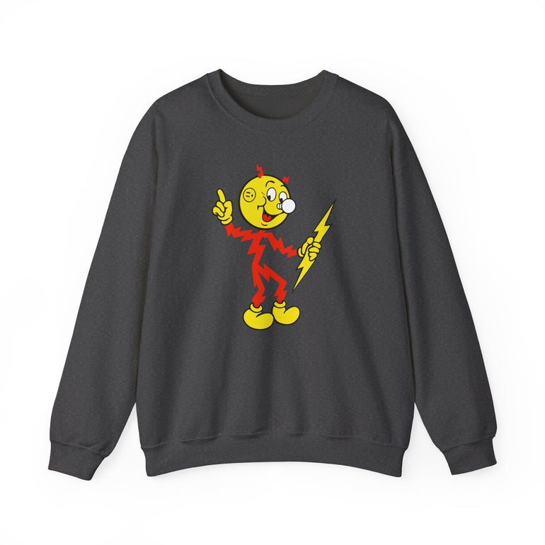 Dark heather Reddy Kilowatt crewneck sweatshirt front view