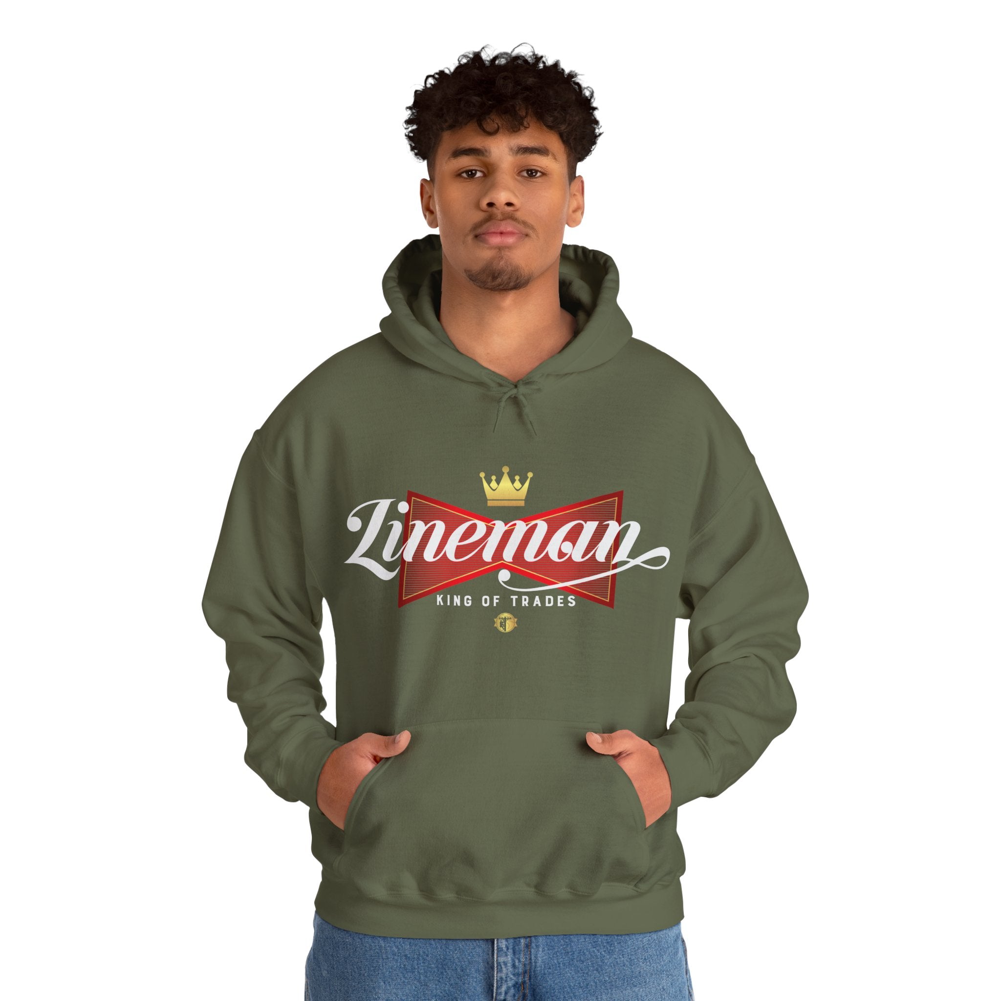 Lineman King of Trades Hoodie in Military Green shirt color