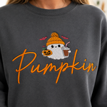 Close-up of ghost, jack-o-lantern and orange Pumpkin script embroidery on Pepper sweatshirt