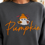 Close-up of ghost, jack-o-lantern and orange Pumpkin script embroidery on Pepper sweatshirt
