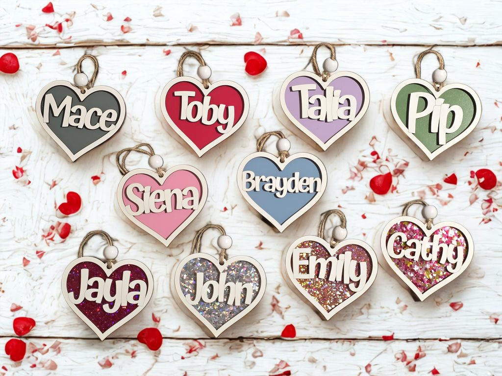 Personalized Valentine Basket Tag Heart Name Treat Bag Favor Classroom Wood Glitter Acrylic