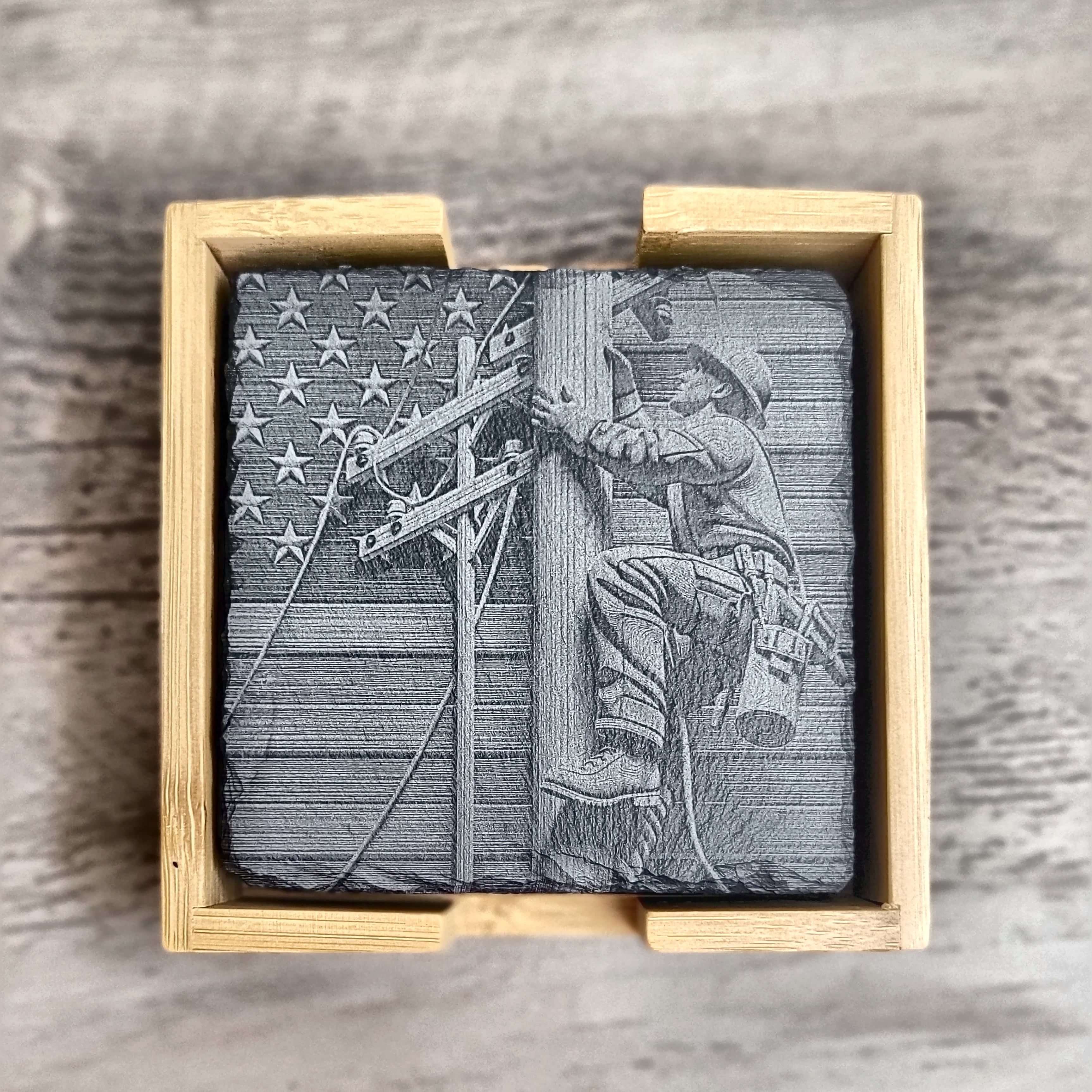Lineman Slate Coaster Set engraved glass detail