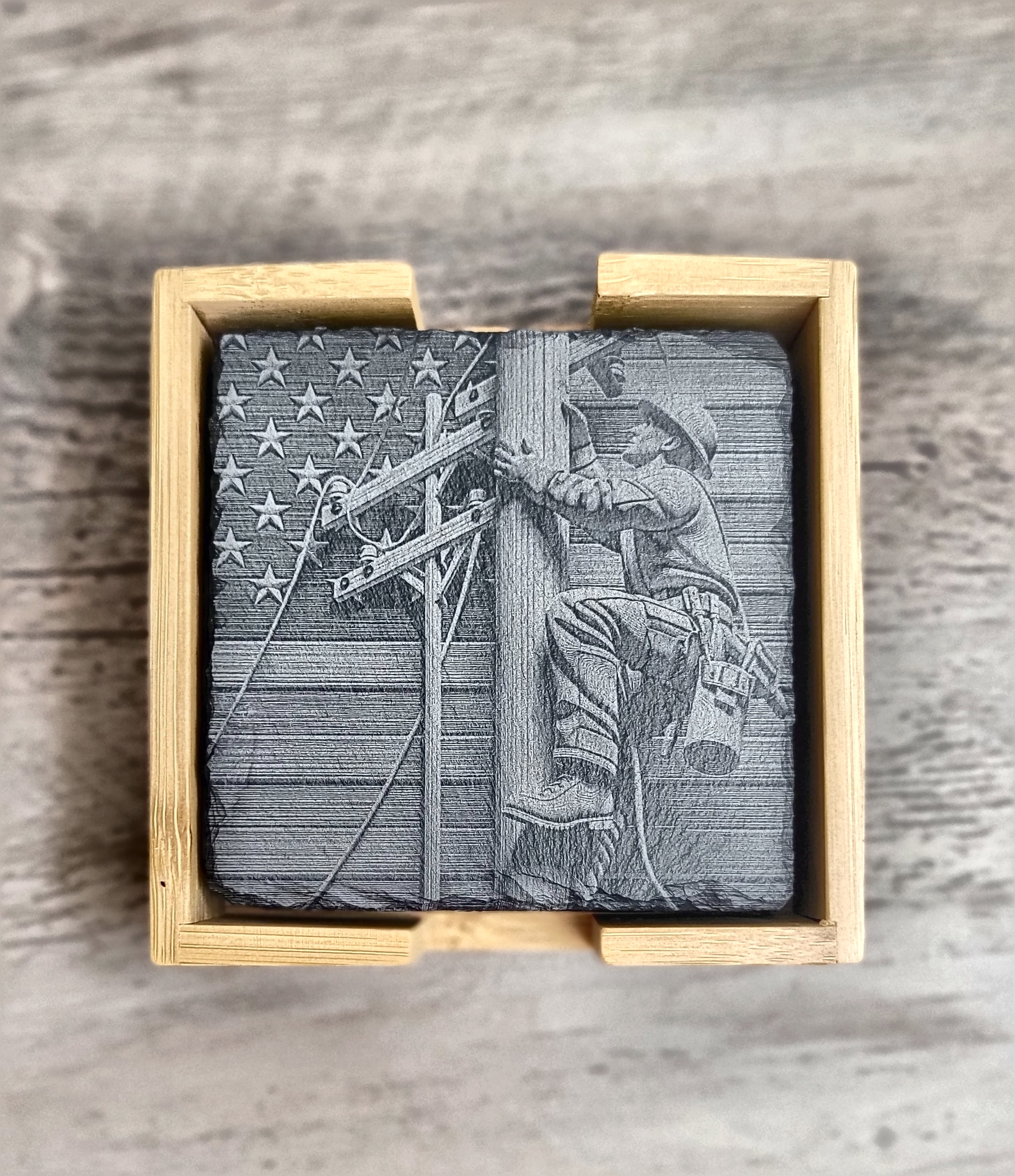 Lineman Slate Coaster Set engraved glass detail