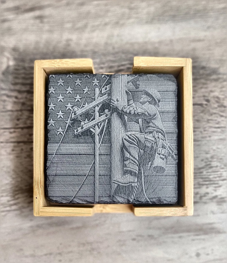 Lineman Slate Coaster Set engraved glass detail
