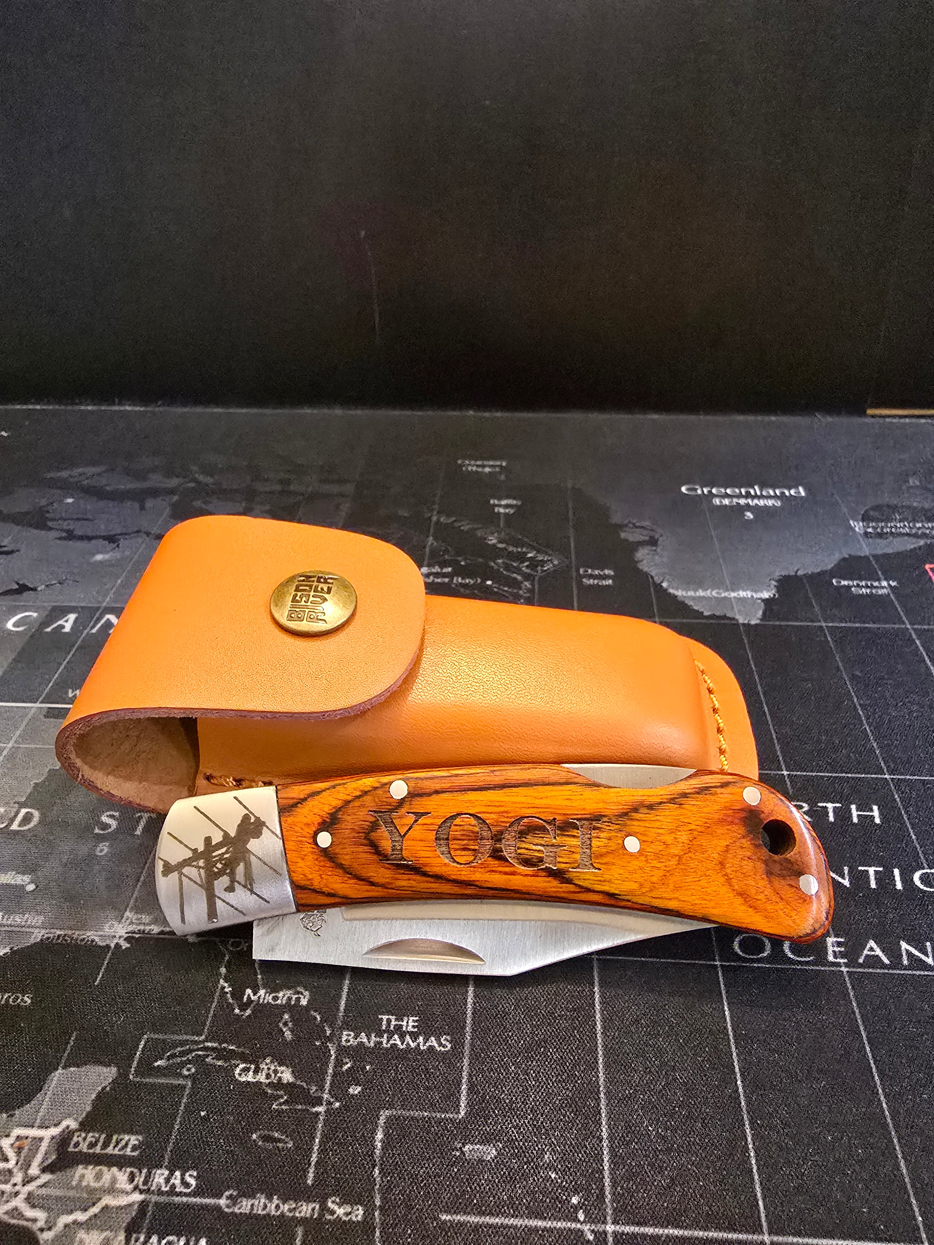 Personalized Lineman Folding Knife: Wood & Steel with Leather Sheath