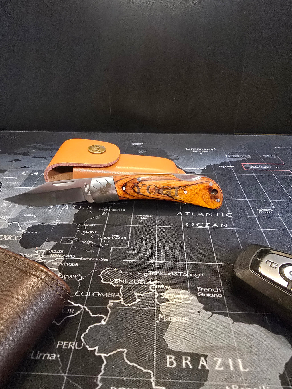 Personalized Lineman Folding Knife: Wood & Steel with Leather Sheath