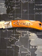 Personalized Lineman Folding Knife: Wood & Steel with Leather Sheath