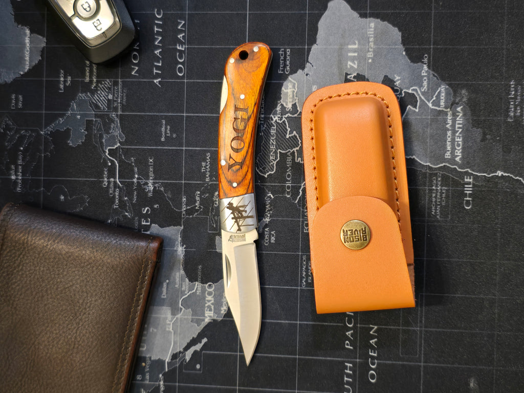 Personalized Lineman Folding Knife: Wood & Steel with Leather Sheath