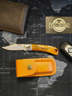 Personalized Lineman Folding Knife: Wood & Steel with Leather Sheath