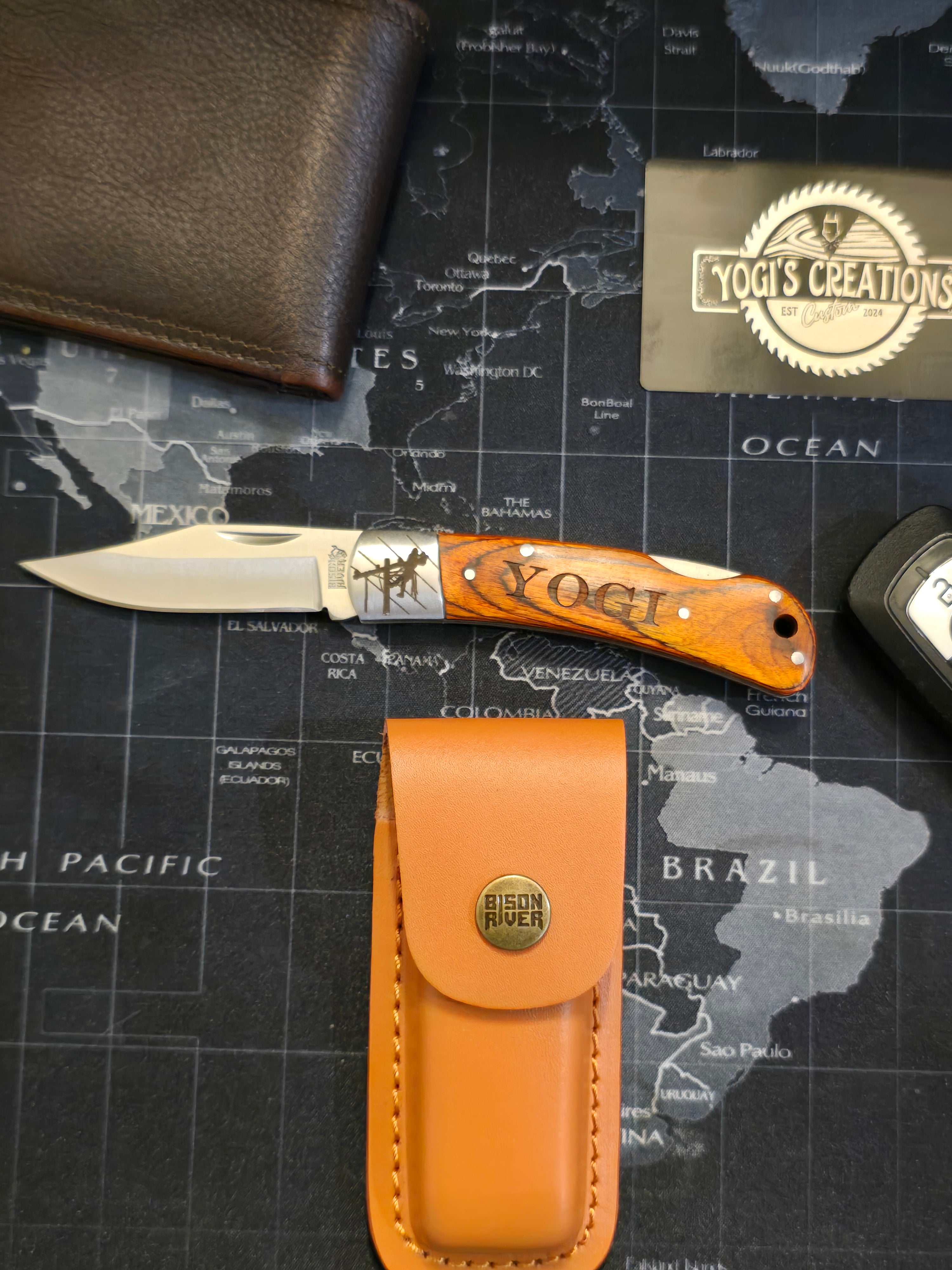 Personalized Lineman Folding Knife: Wood & Steel with Leather Sheath