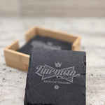 Engraved Lineman Slate Coaster Set with Wood Holder – King of Trades engraved glass detail
