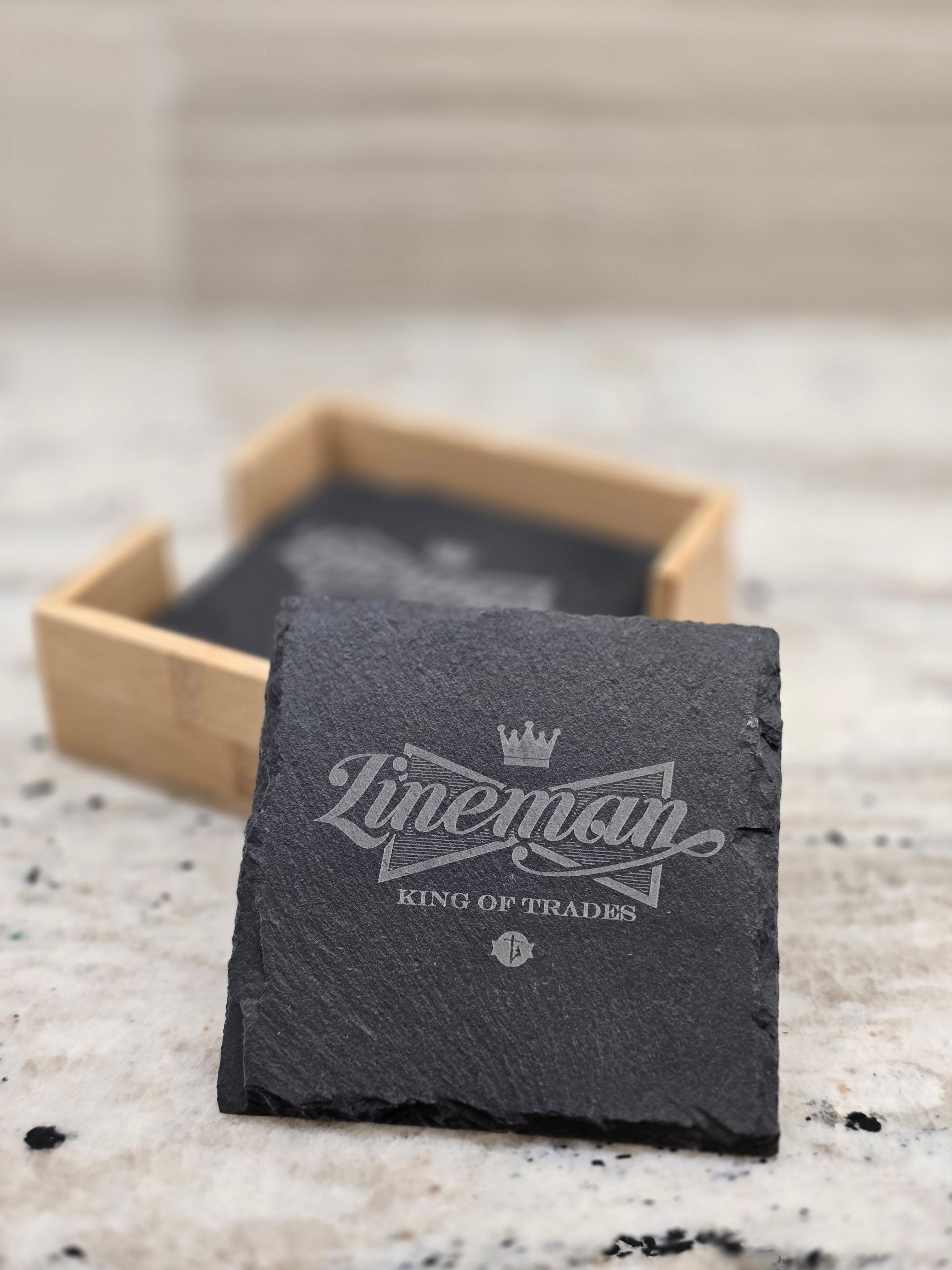 Engraved Lineman Slate Coaster Set with Wood Holder: King of Trades