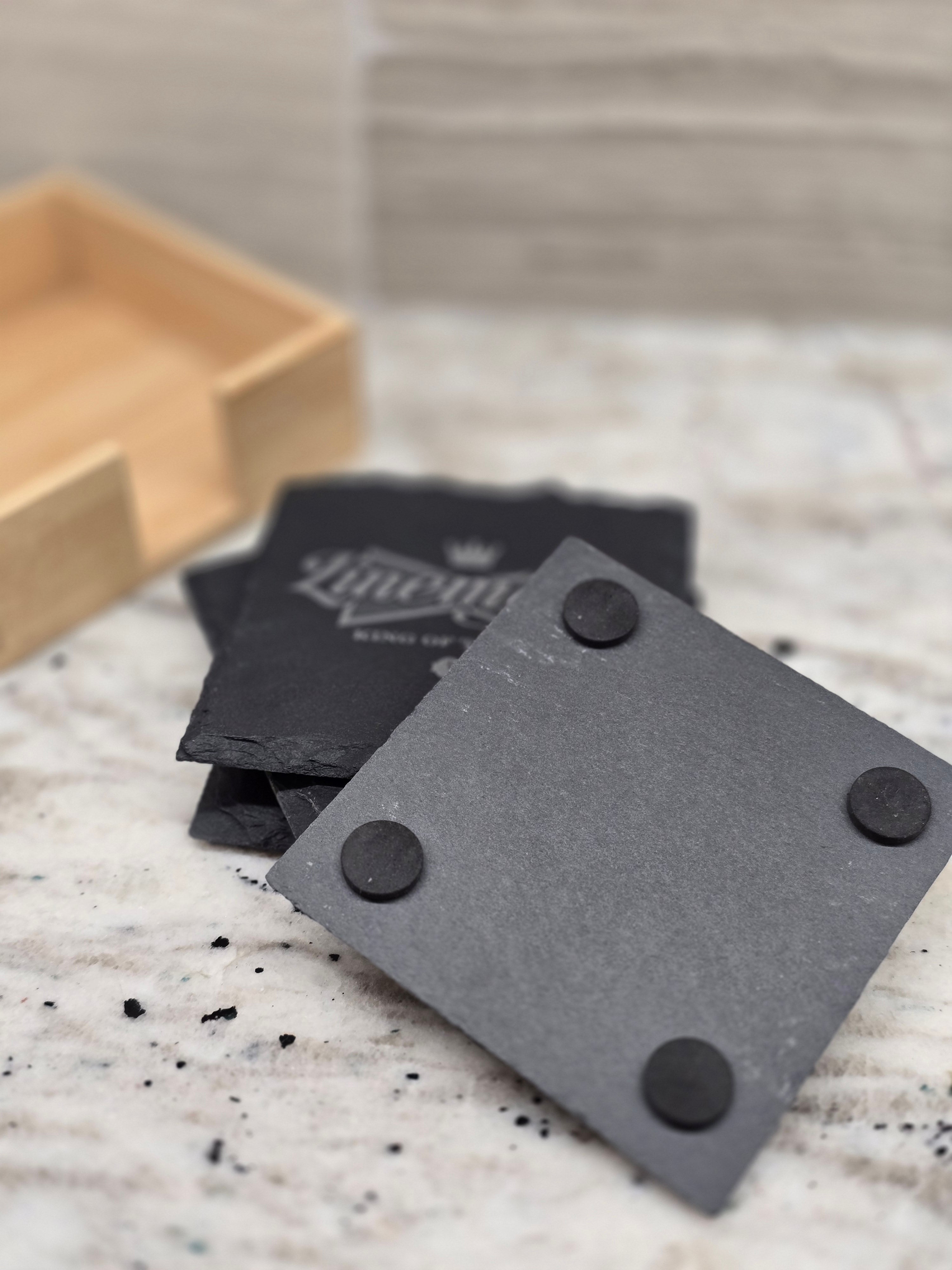 Engraved Lineman Slate Coaster Set with Wood Holder: King of Trades