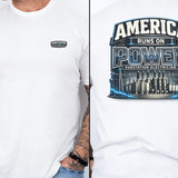 Substation Electrician Shirt – America Runs on Power Tee in Sand shirt color