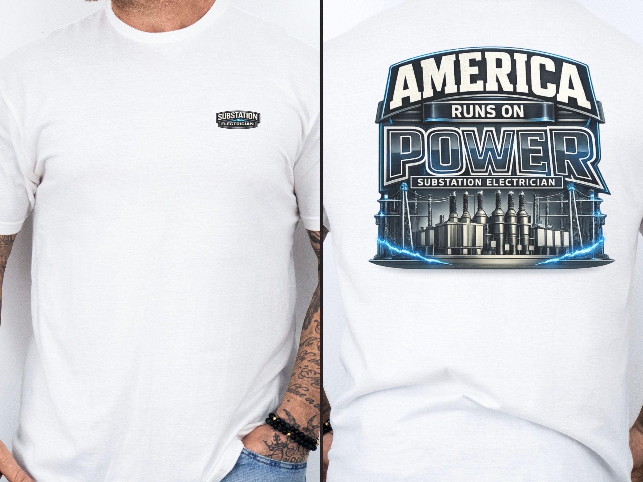 Substation Electrician Shirt – America Runs on Power Tee in Sand shirt color