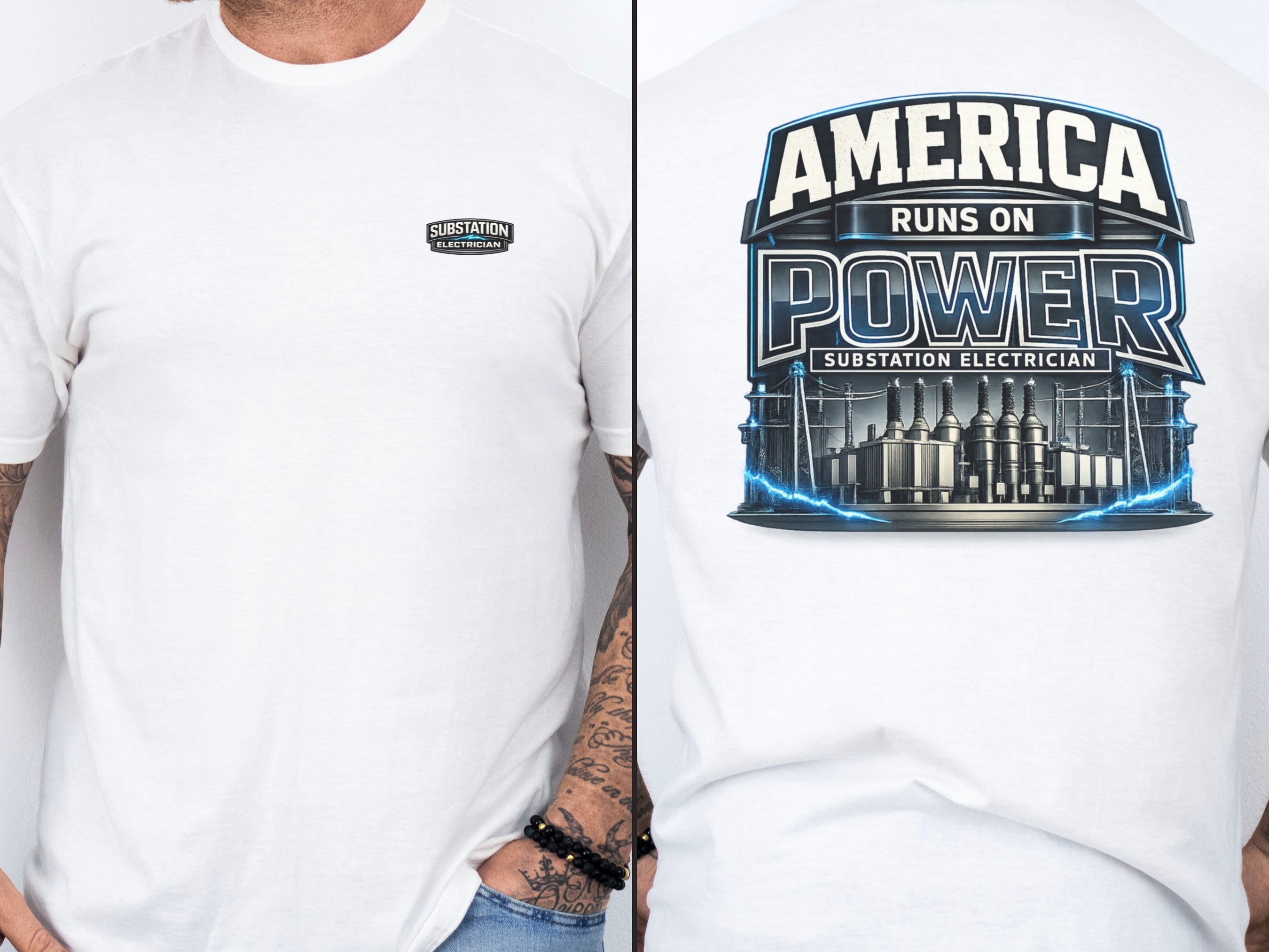 Substation Electrician Shirt – America Runs on Power Tee in Sand shirt color
