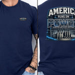 Substation Electrician Shirt – America Runs on Power Tee in Navy shirt color