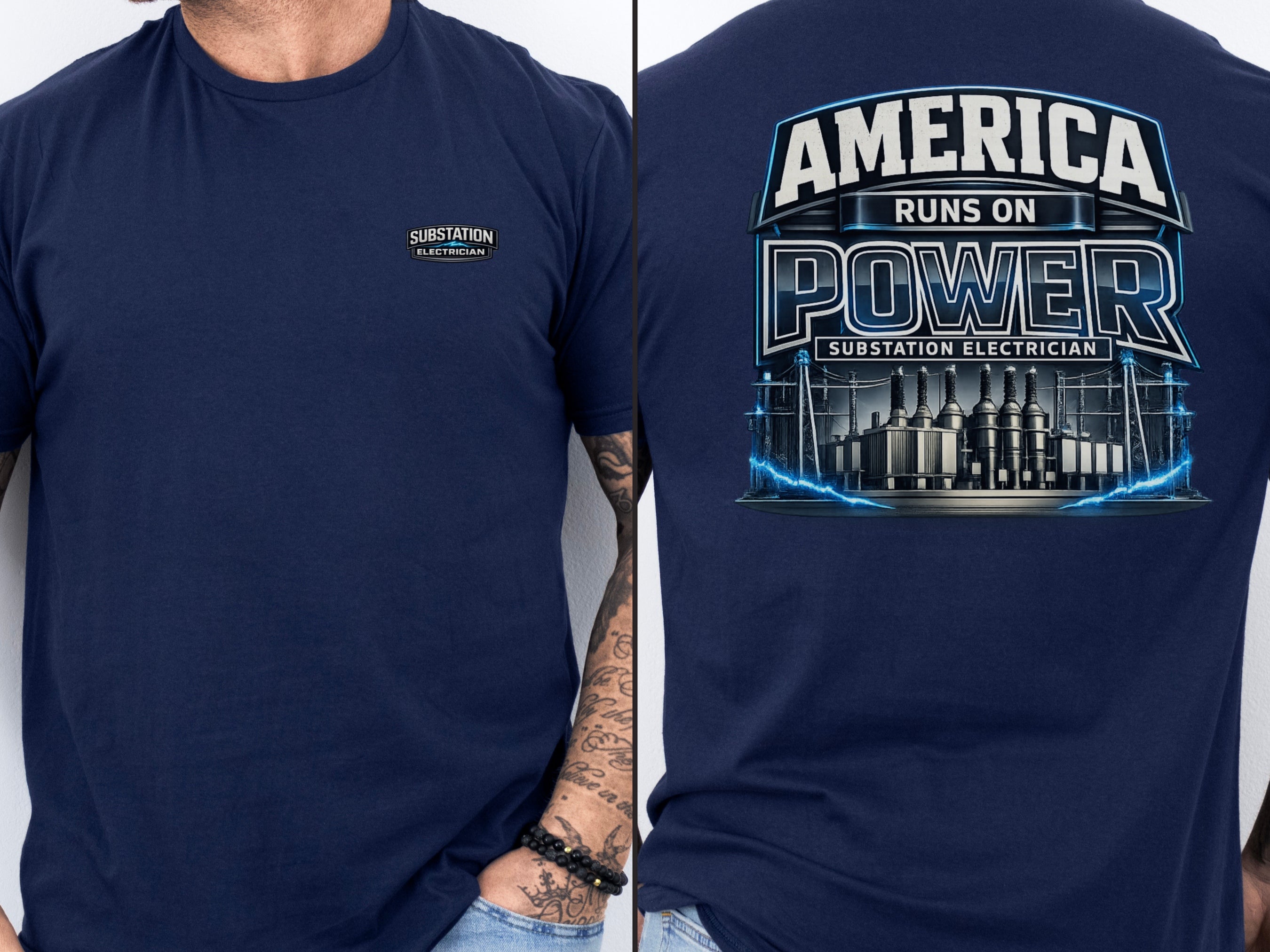 Substation Electrician Shirt – America Runs on Power Tee in Navy shirt color