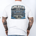 Substation Electrician Shirt – America Runs on Power Tee in Black shirt color