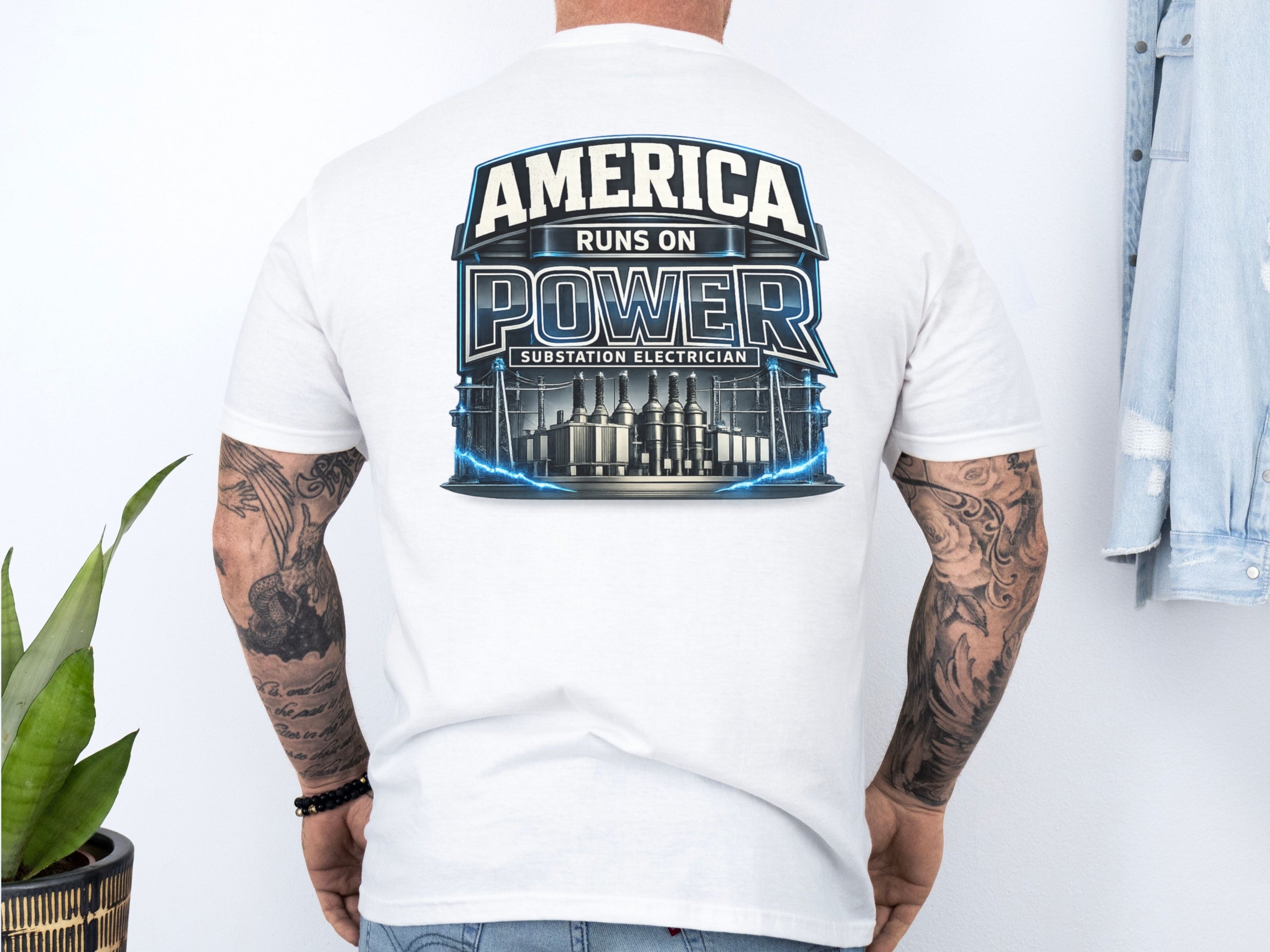 Substation Electrician Shirt – America Runs on Power Tee in Black shirt color