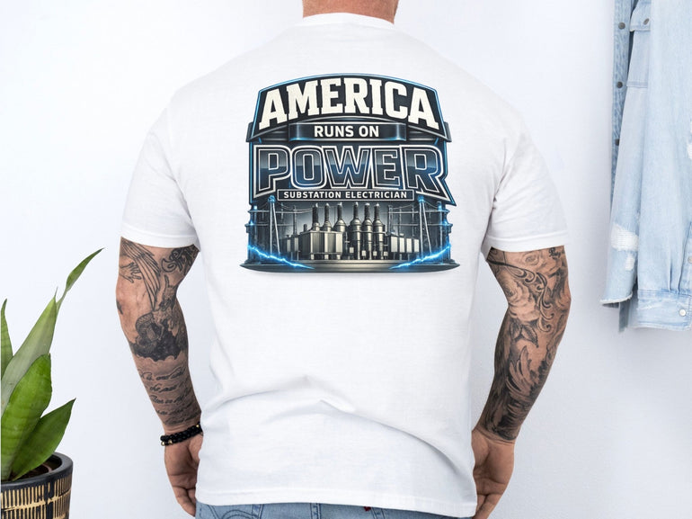 Substation Electrician Shirt – America Runs on Power Tee in Black shirt color