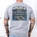 Substation Electrician Shirt – America Runs on Power Tee in Navy shirt color