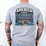 Substation Electrician Shirt – America Runs on Power Tee in Navy shirt color