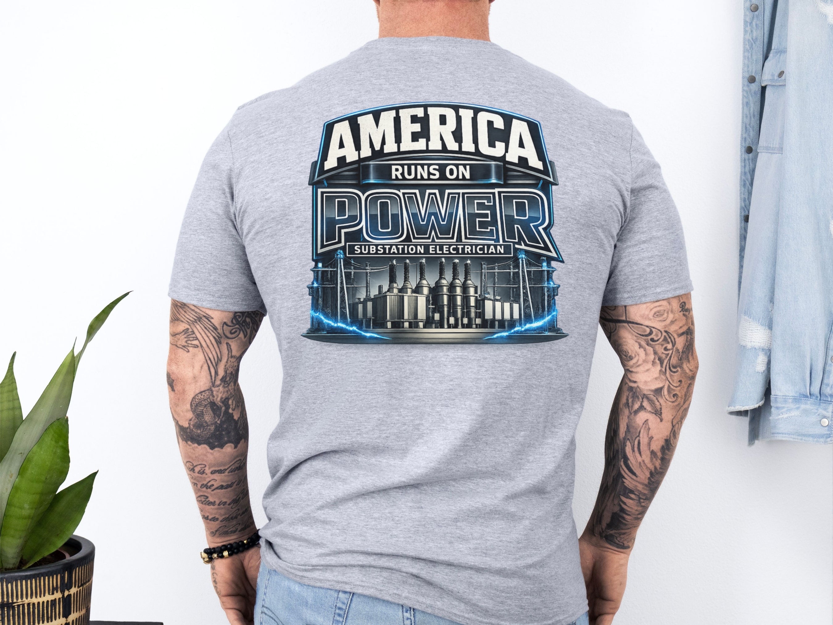 Substation Electrician Shirt – America Runs on Power Tee in Navy shirt color