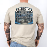 Substation Electrician Shirt – America Runs on Power Tee in Military Green shirt color