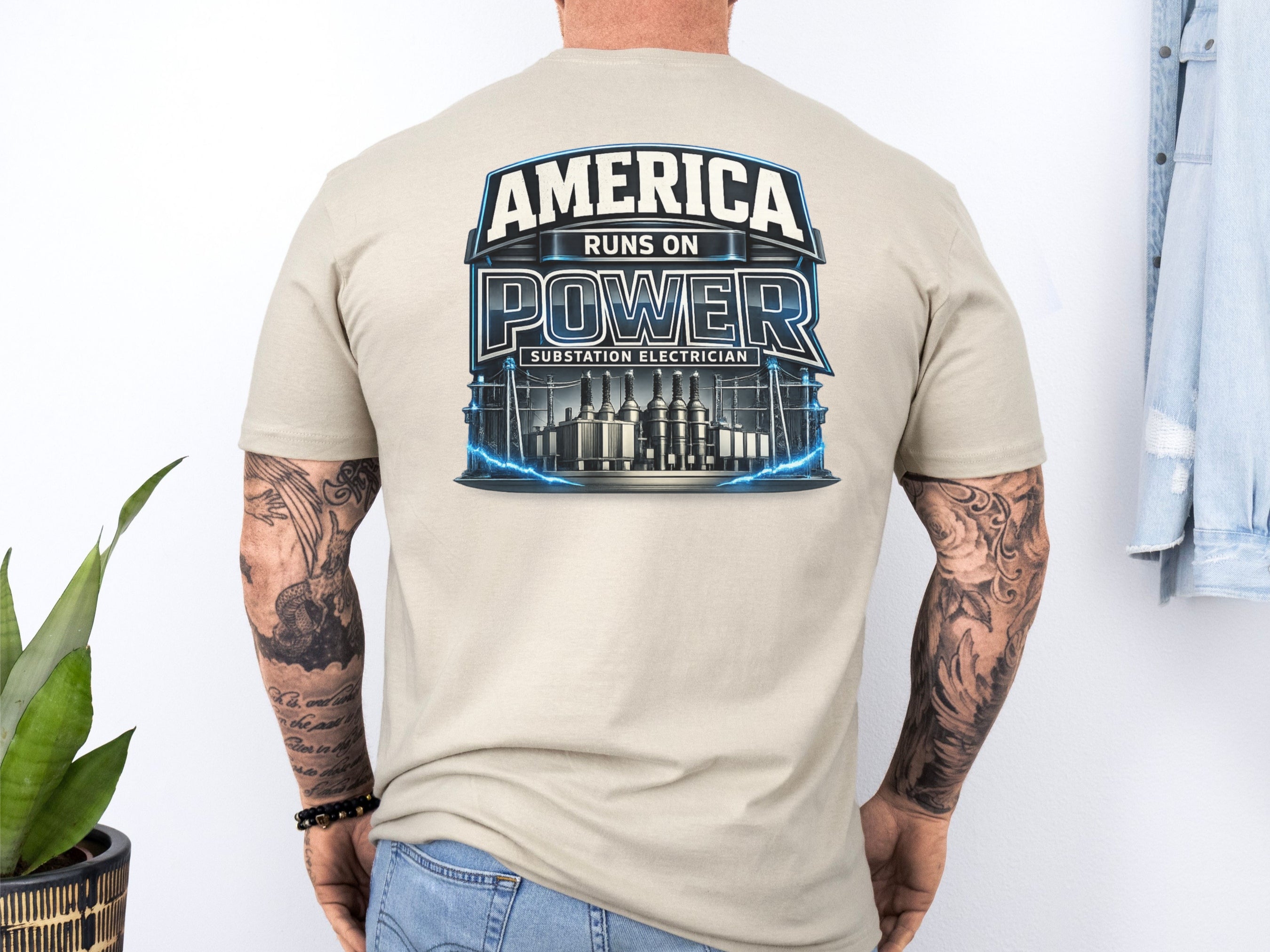 Substation Electrician Shirt – America Runs on Power Tee in Military Green shirt color