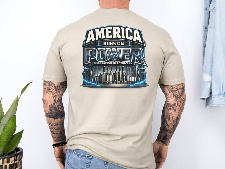 Substation Electrician Shirt – America Runs on Power Tee in Military Green shirt color
