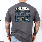 Substation Electrician Shirt – America Runs on Power Tee in Sport Grey shirt color