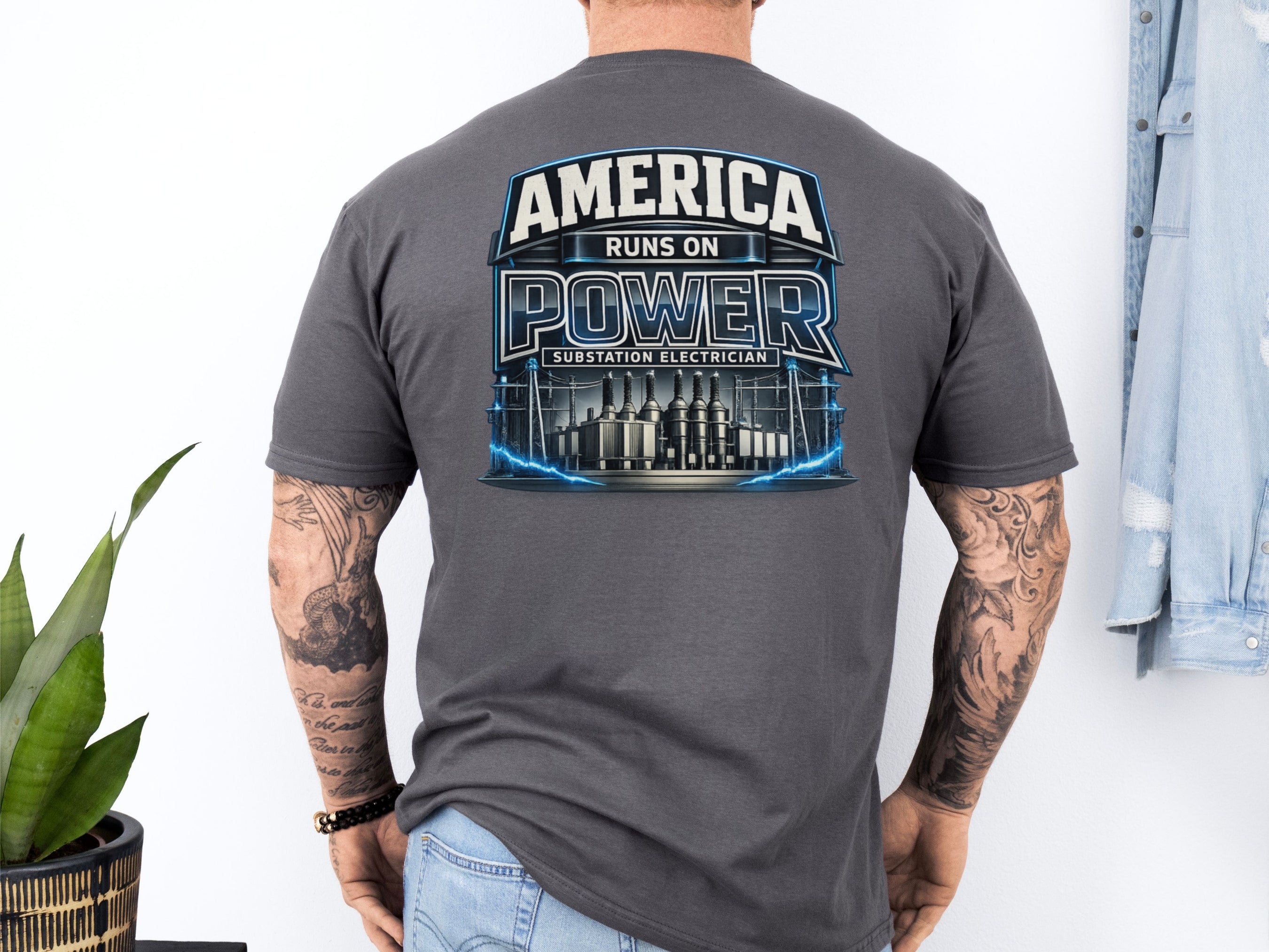Substation Electrician Shirt – America Runs on Power Tee in Sport Grey shirt color