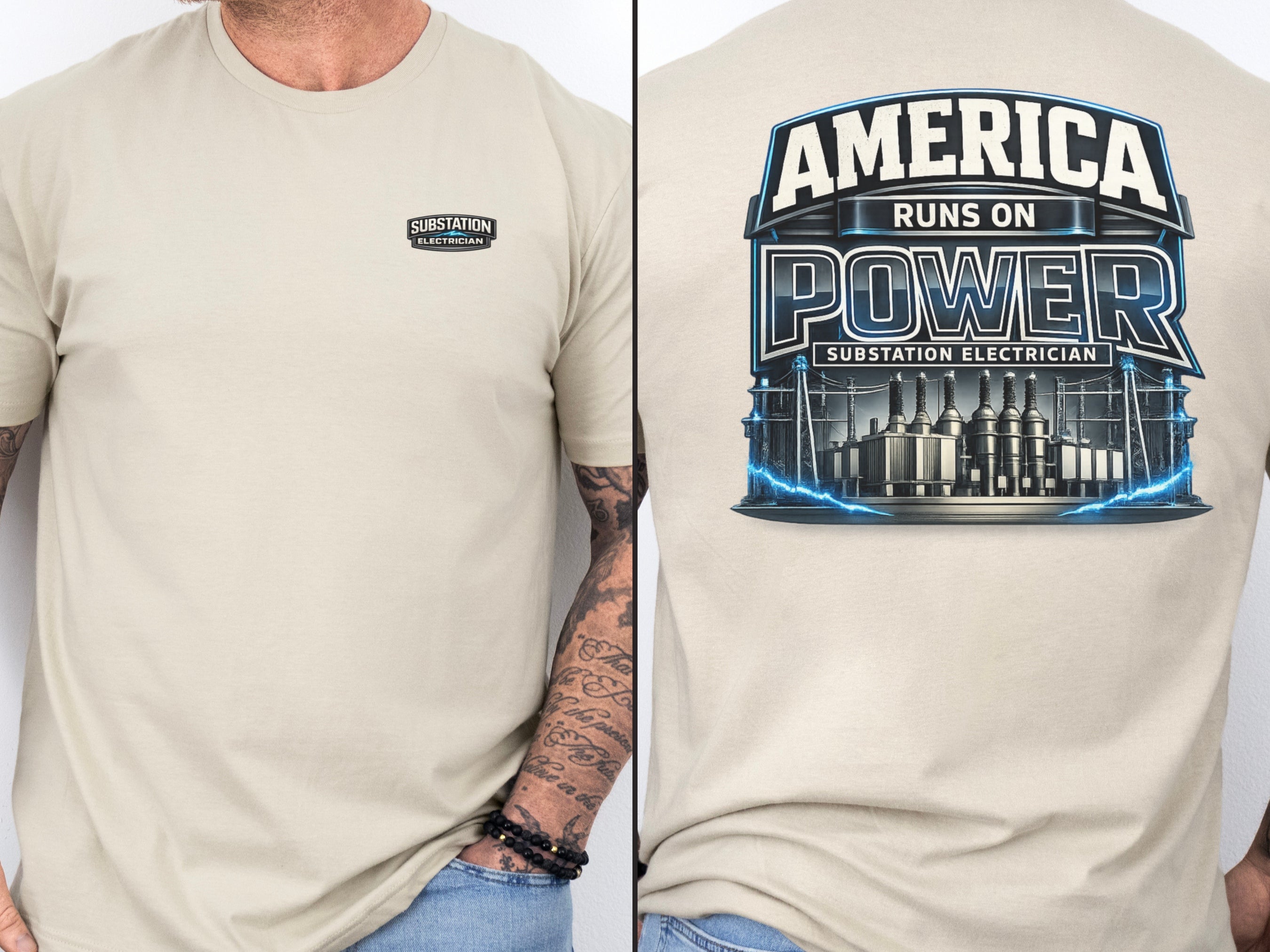 Substation Electrician Shirt – America Runs on Power Tee in Dark Heather shirt color