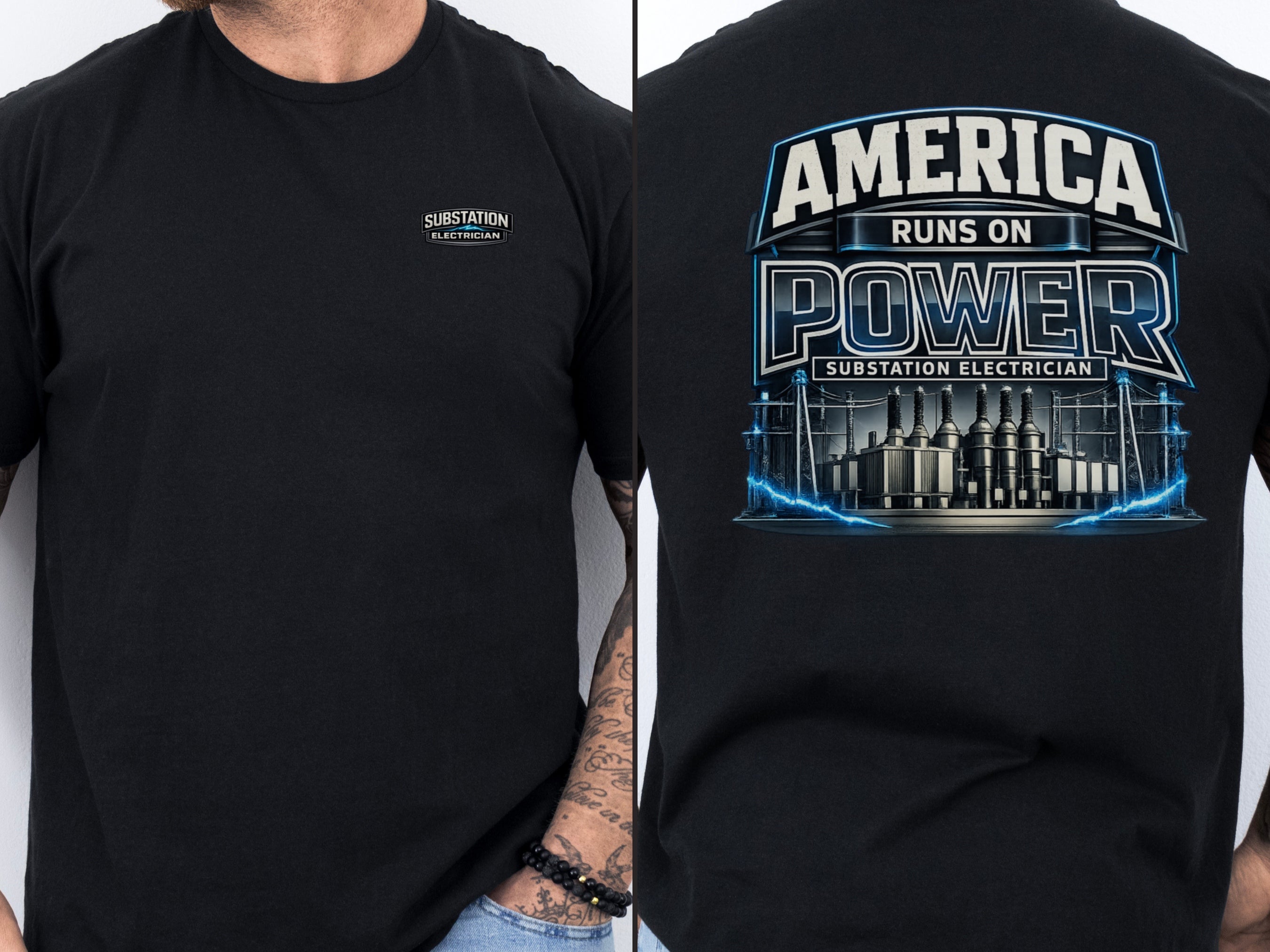 Substation Electrician Shirt – America Runs on Power Tee in Charcoal shirt color