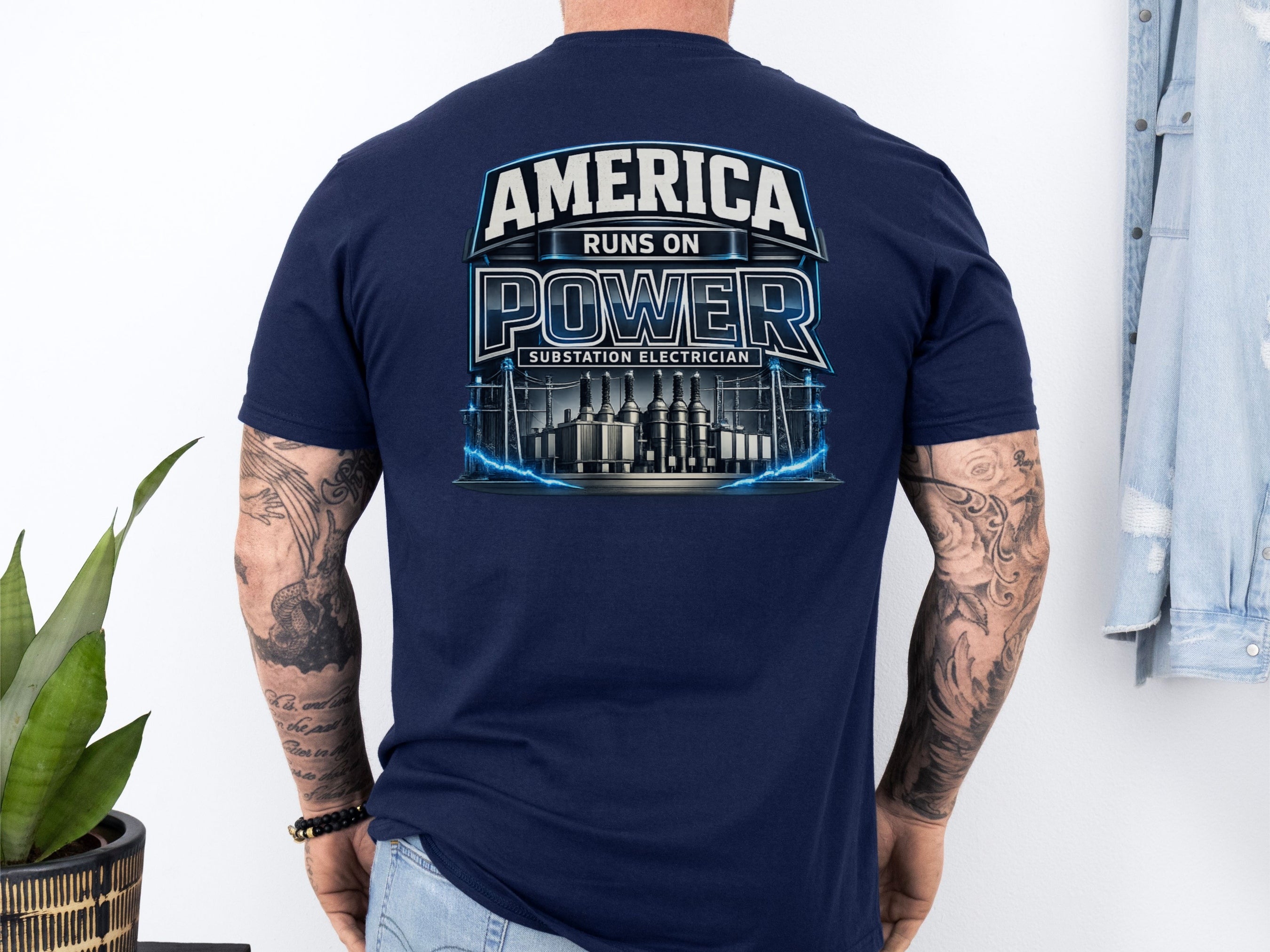 Substation Electrician Shirt – America Runs on Power Tee in Military Green shirt color