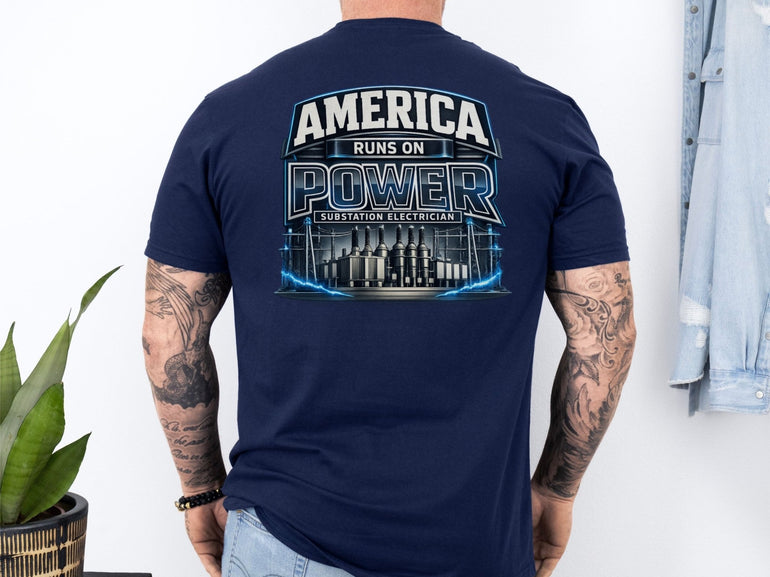 Substation Electrician Shirt – America Runs on Power Tee in Military Green shirt color